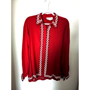 Vintage Diane Von Furstenberg Burgundy Silk Blouse Asian Theme Embroidered Sz M